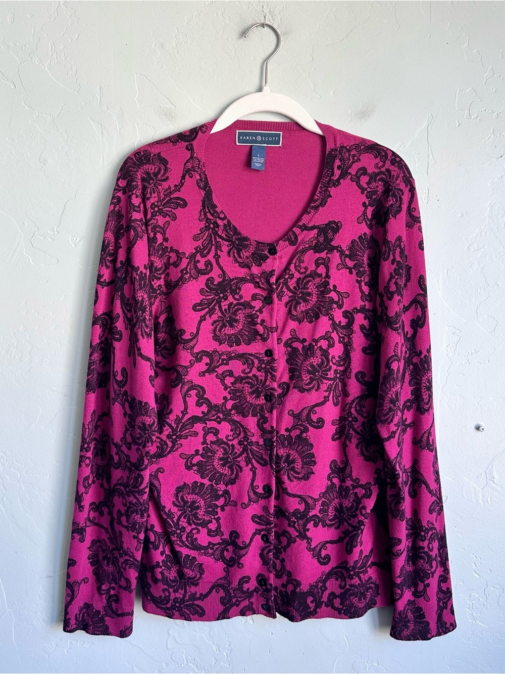 Karen Scott Fuchsia Black Floral Paisley Classic Button-Front Cardigan Large